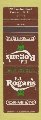 Matchbook Cover - FJ Rogan's Restaurant Concord NH