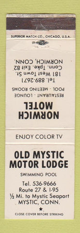 Matchbook Cover - Old Mystic Motor Lodge Mystic CT Norwich Waterbury WEAR