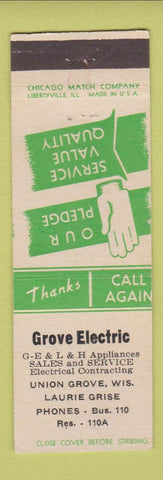 Matchbook Cover - Grove Electric Union Grove WI
