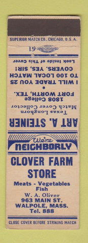 Matchbook Cover - Clover Farm Store Walpole MA Steiner Match Collector