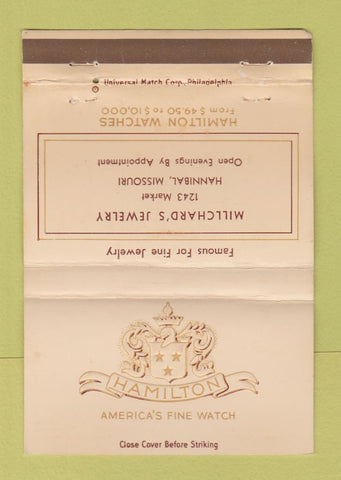 Matchbook Cover - Hamilton Watches Millchard's Hannibal MO WEAR 40 Strike