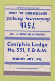 Matchbook Cover - Casiphia Lodge Mount Joy PA 1952 40 Strike