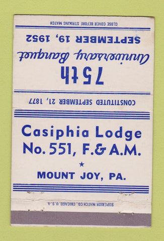 Matchbook Cover - Casiphia Lodge Mount Joy PA 1952 40 Strike