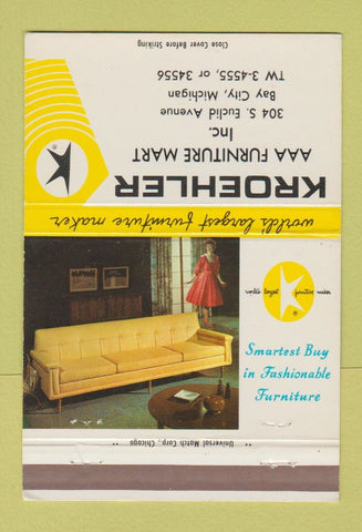 Matchbook Cover - Kroehler Furniture AAA Mart Bay City MI 40 Strike