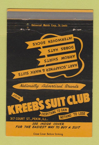 Matchbook Cover - Kreeb's Suit Club Men's Clothes Pekin IL 40 Strike