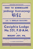 Matchbook Cover - Casiphia Lodge Mount Joy PA 1952 40 Strike