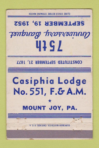 Matchbook Cover - Casiphia Lodge Mount Joy PA 1952 40 Strike