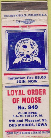 Matchbook Cover - Matchbook Cover Moose Lodge Des Moines IA WORN