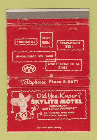 Matchbook Cover - Skylite Motel Tuscaloosa AL WORN 40 Strike