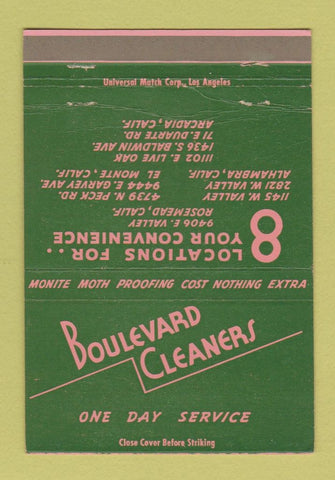 Matchbook Cover - Boulevard Cleaners El Monte Alhambra Arcadia CA WEAR 40 Strike