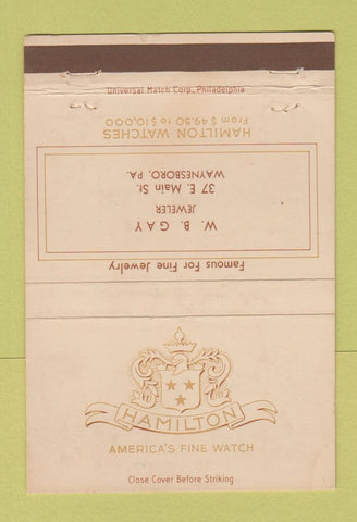Matchbook Cover - Hamilton Watches WB Gay Jewelry Waynesboro PA WEAR 40 Strike