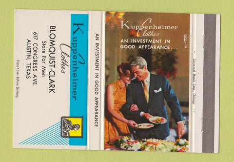 Matchbook Cover - Kuppenheimer Men's Clothes Blomquist Clark Austin TX 40 Strike