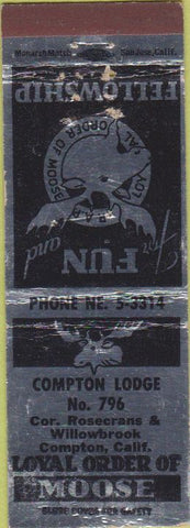 Matchbook Cover - Matchbook Cover Moose Lodge Compton CA silver