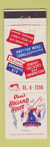 Matchbook Cover - Van's Holland House Wilmington DE