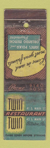 Matchbook Cover - Twin Restaurant Pittston PA WORN