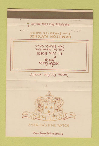 Matchbook Cover - Hamilton Watches Norvell's San Bruno CA 40 Strike