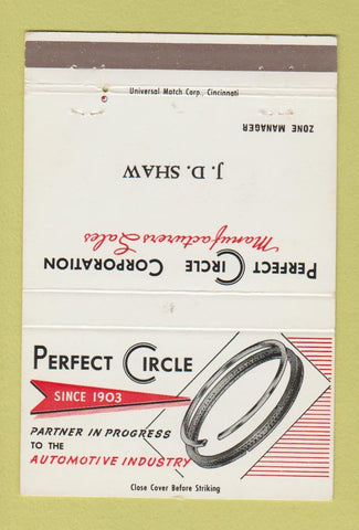 Matchbook Cover - Perfect Circle Piston Rings JD Shaw 40 Strike