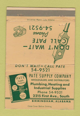 Matchbook Cover - Pate Supply Company Birmingham AL Plumbing Heating 40 Strike