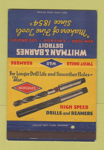 Matchbook Cover - Whitman Barnes Drills Reamers New York City Chicago 40 Strike