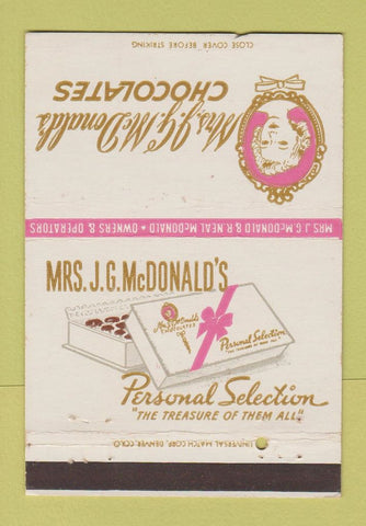 Matchbook Cover - Mrs McDonald's Chocolates Salt Lake City UT 40 Strike