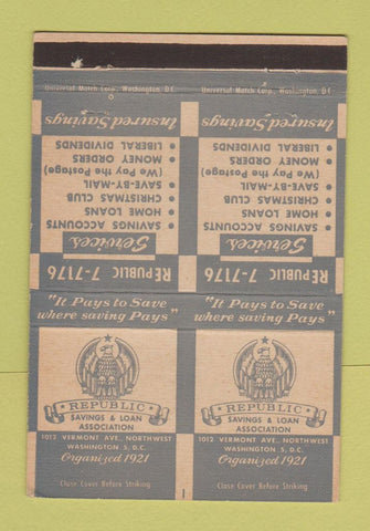 Matchbook Cover - Republic Savings and Loan Washington DC DOUBLE PRINT 40 Strike