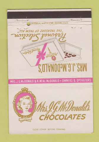 Matchbook Cover - Mrs McDonald's Chocolates Salt Lake City UT 40 Strike