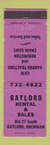 Matchbook Cover - Gaylor Rental Sales Case Lawn Mowers Gaylord MI