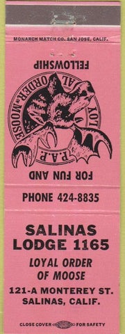 Matchbook Cover - Matchbook Cover Moose Lodge Salinas CA pink