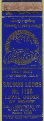 Matchbook Cover - Matchbook Cover Moose Lodge Salinas CA blue WORN