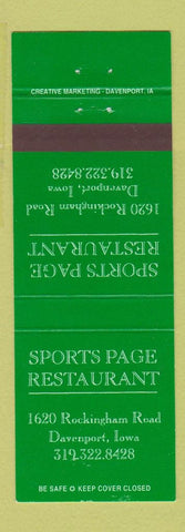 Matchbook Cover - Sports Page Restaurant Davenport IA