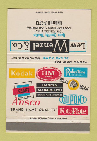 Matchbook Cover - Lew Wenzel San Francisco CA Ansco Kodak Photography 40 Strike