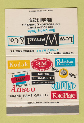 Matchbook Cover - Lew Wenzel San Francisco CA Ansco Kodak Photography 40 Strike