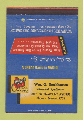 Matchbook Cover - Clarion Radio Wm Stockhausen 40 Strike