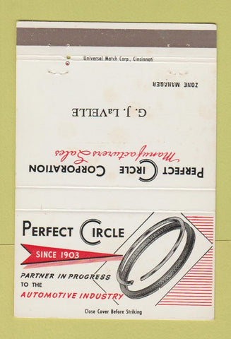 Matchbook Cover - Perfect Circle Piston Rings GJ LaVelle 40 Strike