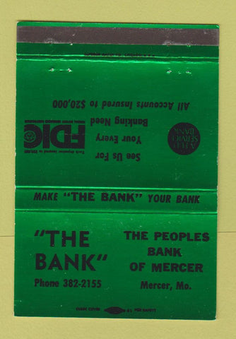 Matchbook Cover - The Bank Mercer MO GREEN 40 Strike