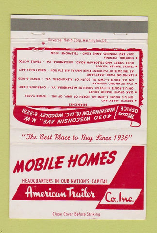 Matchbook Cover - Mobile Homes American Trailer Washington DC 40 Strike
