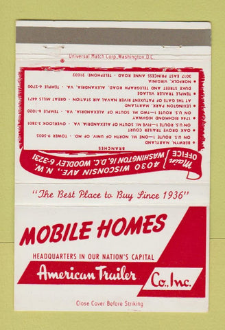 Matchbook Cover - Mobile Homes American Trailer Washington DC 40 Strike