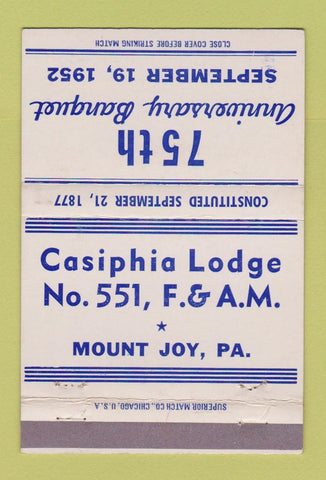 Matchbook Cover - Casiphia Lodge Mount Joy PA 1952 40 Strike