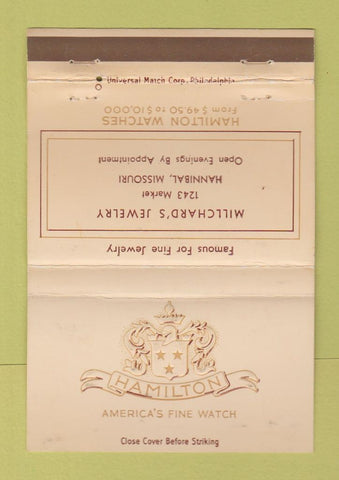 Matchbook Cover - Hamilton Watches Millchard's Hannibal MO WEAR 40 Strike