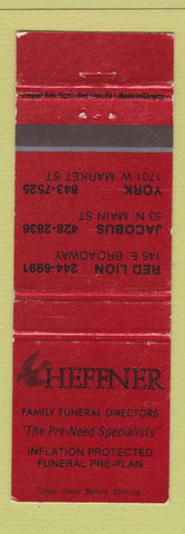 Matchbook Cover - Heffner Funeral Home Red Lion York Jacobus PA