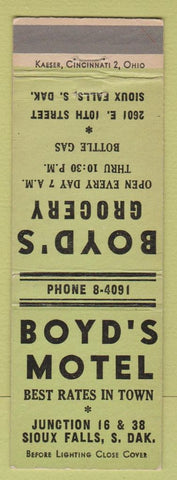 Matchbook Cover - Boyd's Motel Grocery Sioux Falls SD