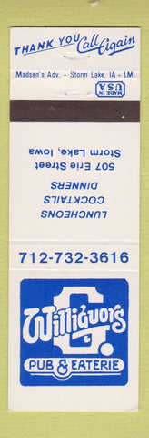 Matchbook Cover - Williquors Pub Eaterie Storm Lake IA