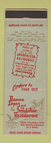 Matchbook Cover - Ramon Lopez Gondolier Restaurant Arlington VA