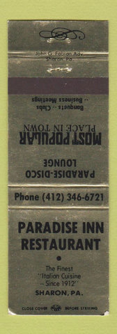 Matchbook Cover - Paradise Inn Restaurant Sharon PA