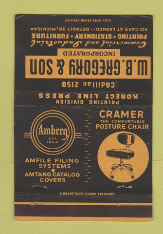 Matchbook Cover - WB Gregory Chairs Furniture Printing Detroit MI 40 Strike