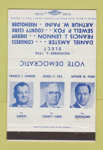Matchbook Cover - Election 1956 Warren County NJ multiple names 40 Strike