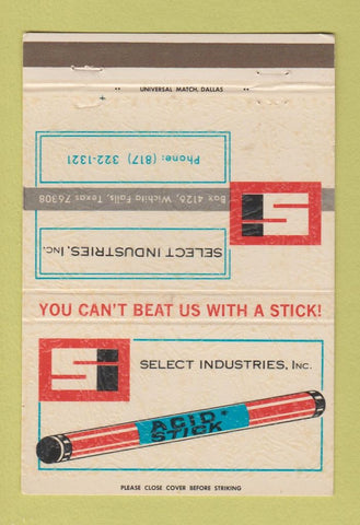 Matchbook Cover - Select Industries Wichita Falls TX Acid Stick 40 Strike