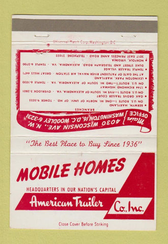 Matchbook Cover - American Trailers Mobile Homes Washington DC 40 Strike