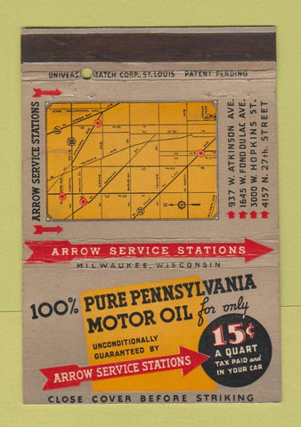 Matchbook Cover - Pennsylvania Motor Oil Arrow gas Milwaukee WI  40 Strike