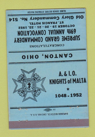 Matchbook Cover - Knights of Malta Canton OH 1952 40 Strike